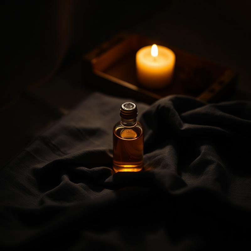 Amber bottle of massage oil resting on dark linen