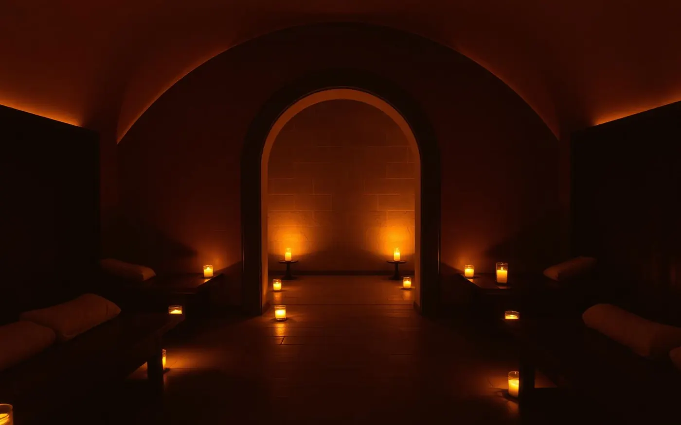 Candlelit massage setting with warm stone textures