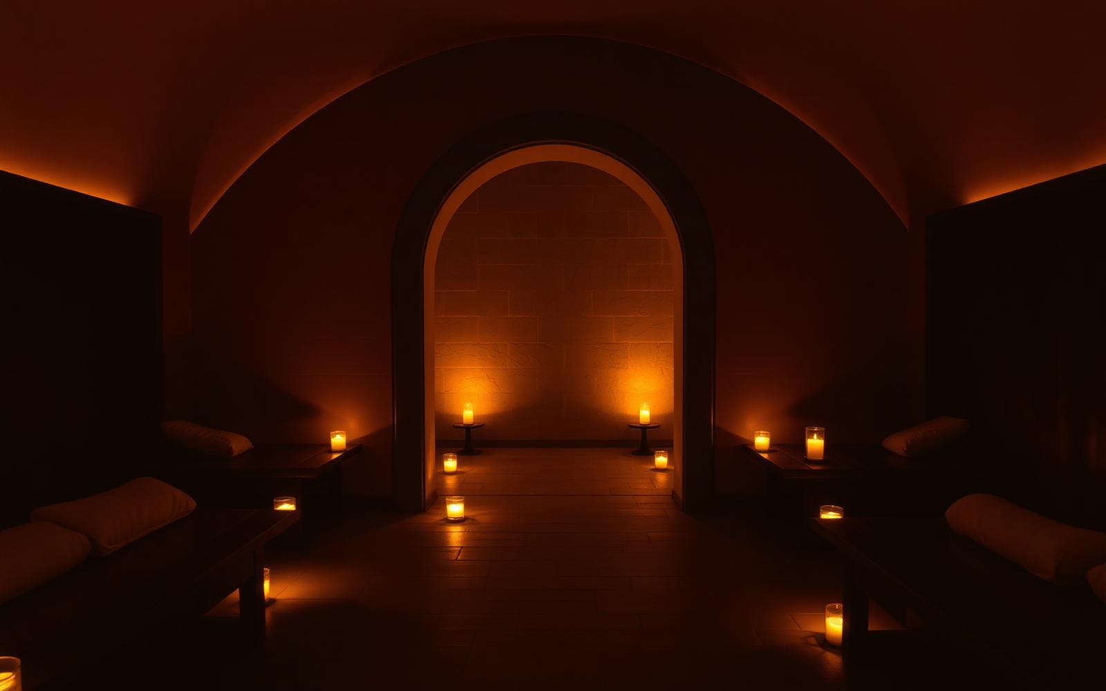 Candlelit lounge of One Love Massage with stone arches