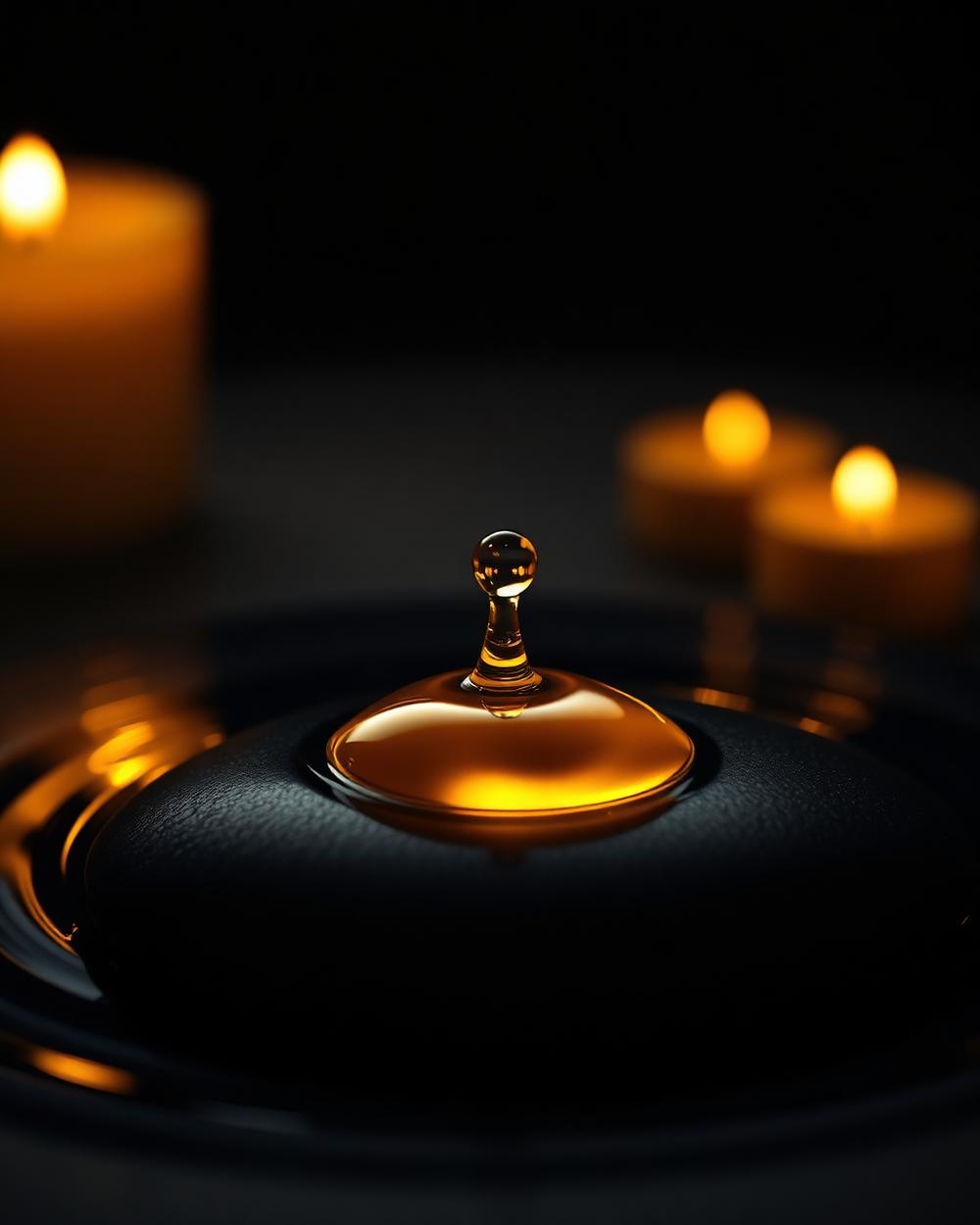 A drop of golden oil falling onto a black stone