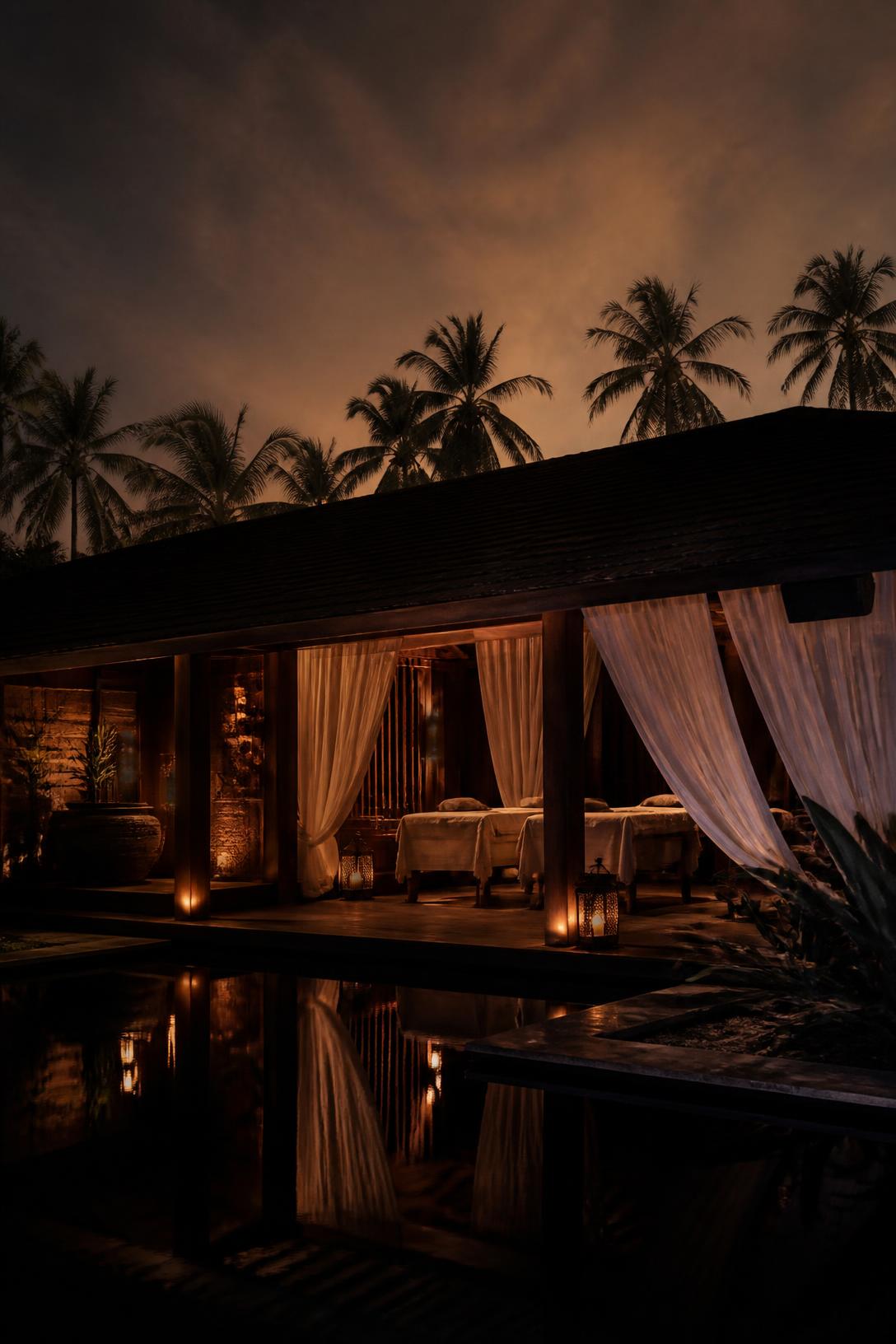 Candlelit lounge of One Love Massage with stone arches