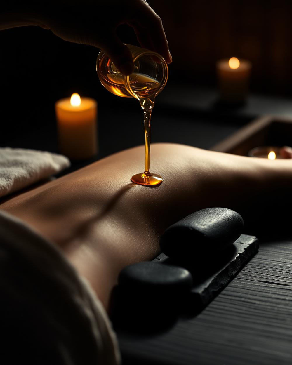 Warm oil poured over the back beside hot stones